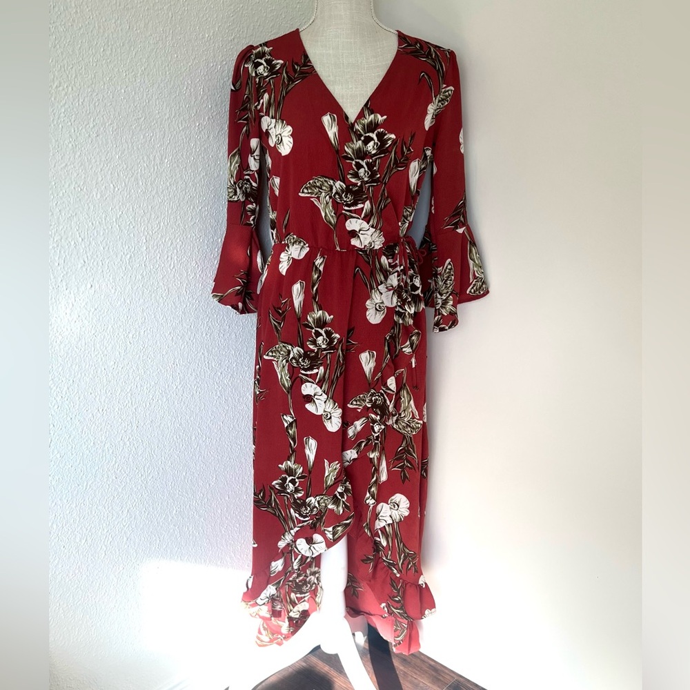 Inspired Hearts Red-Orange Floral Long Sleeve Dress
